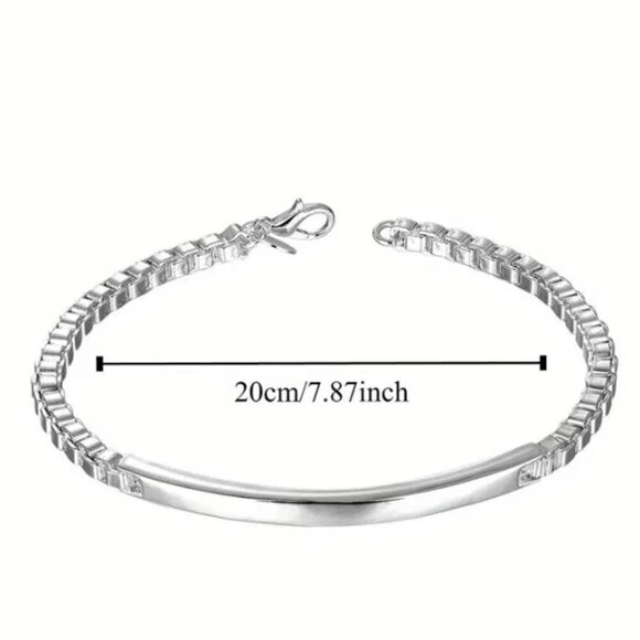 925 Sterling Silver Box Link Bracelet with Curved Bar 8 Inch NWT - Picture 2 of 4